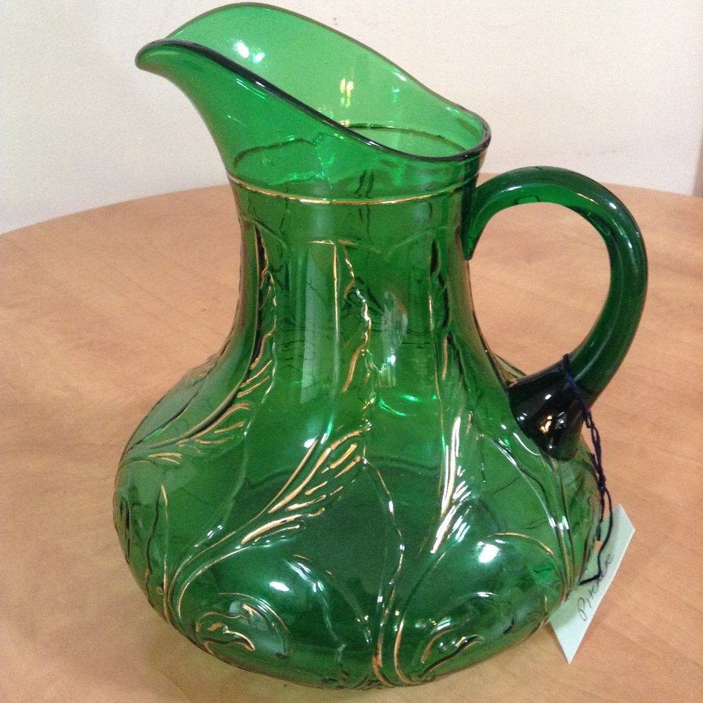Vintage circa 1906 EAPG Dugan Waving Quill Green Glass Pitcher Gold trim